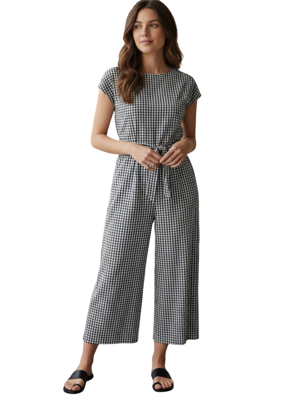 Gingham Tie-Waist Jumpsuit in Black & White